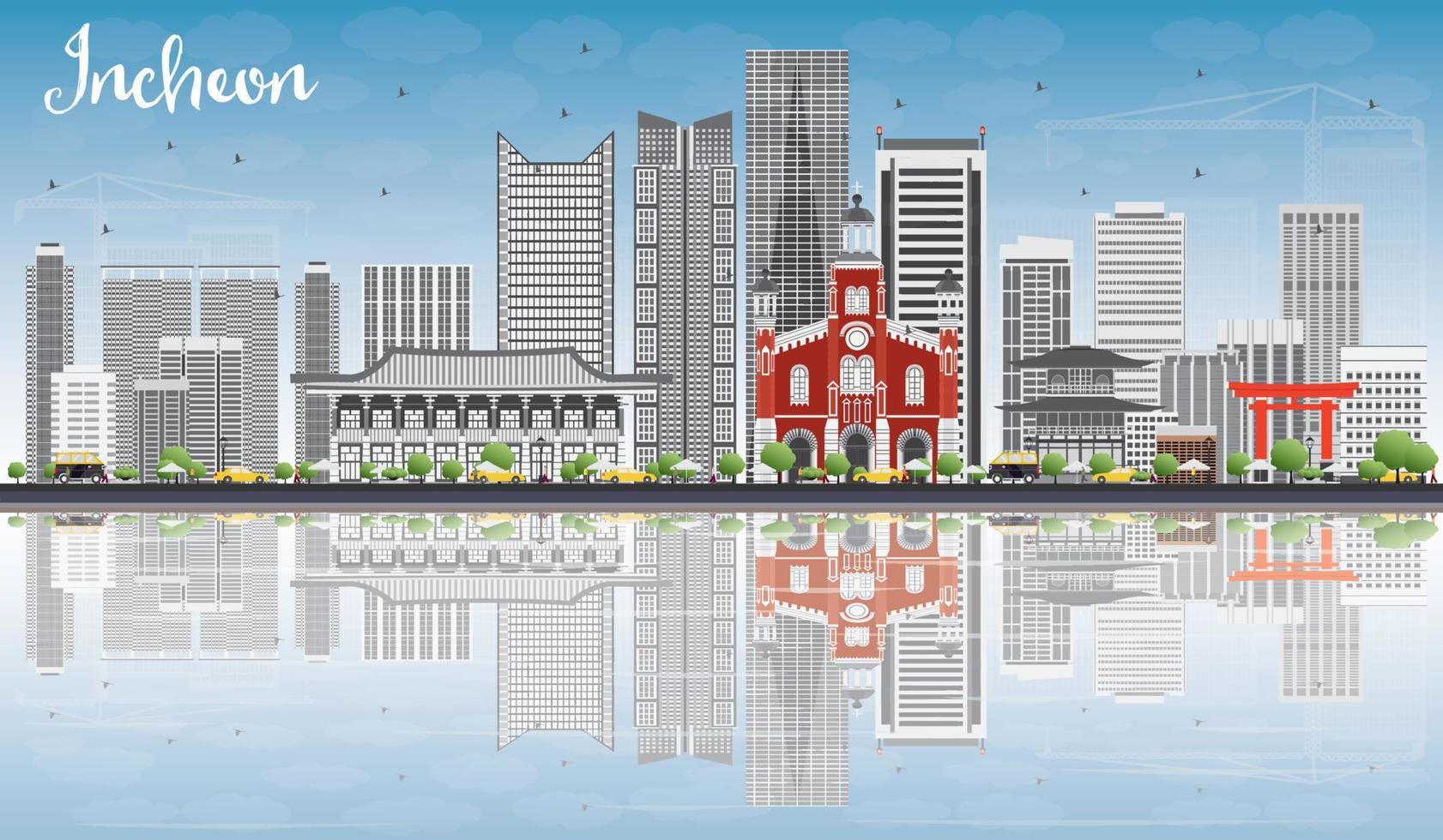 Incheon Skyline with Gray Buildings, Blue Sky and Reflections. vector