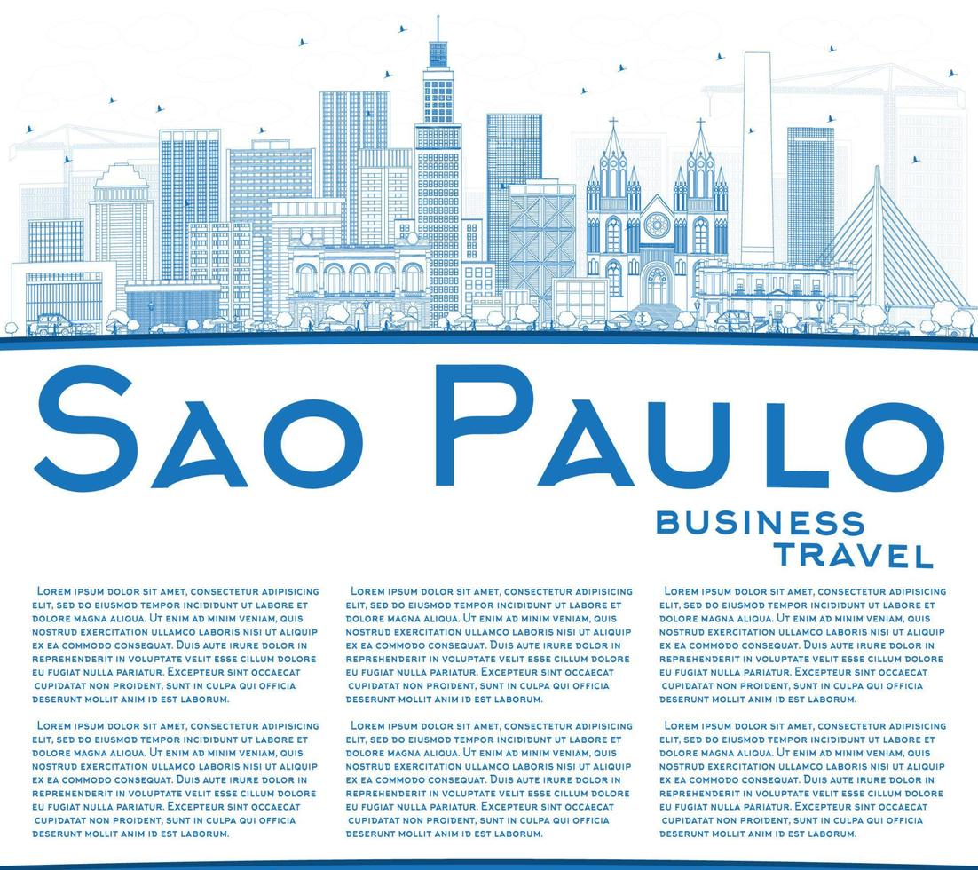 Outline Sao Paulo Skyline with Blue Buildings and Copy Space. vector