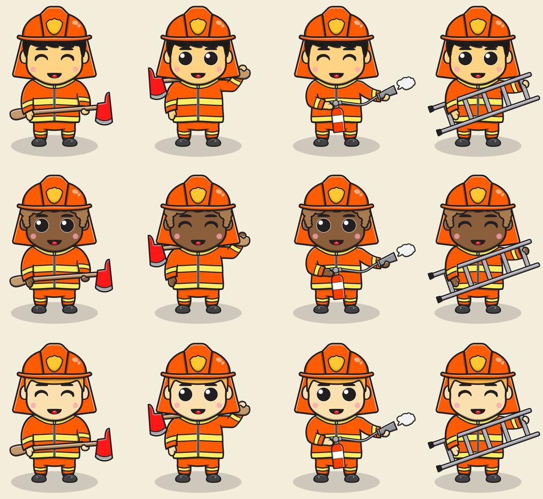 Vector Illustration of Cute Firefighter cartoon. Firefighter profession with flat design style. Good for icon, label, sticker, clipart.