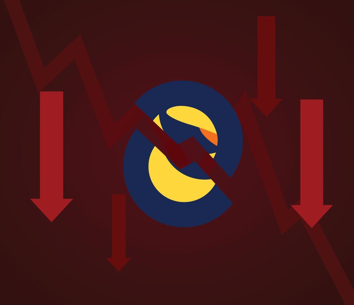 Terra Luna coin crash. Cryptocurrency token crisis symbol on dark blue background. Terra Luna coin downtrend price crash. vector