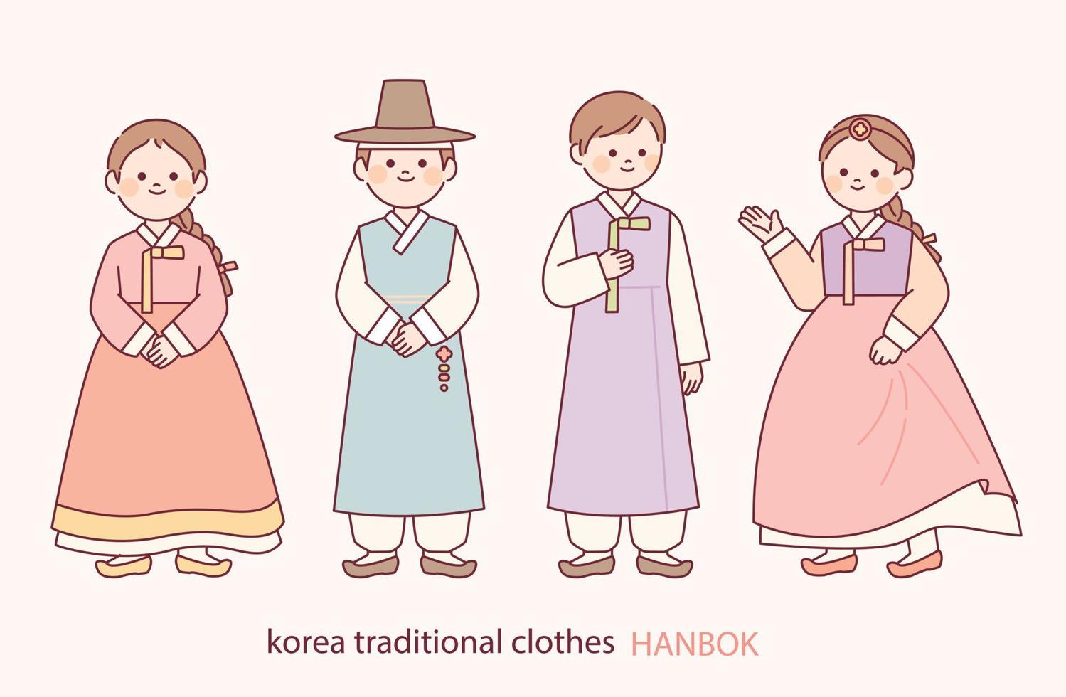 caras redondas y personajes lindos. ella lleva un hermoso hanbok coreano. vector