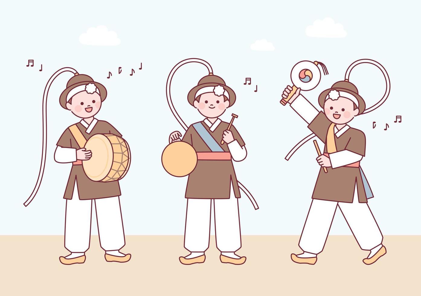 A band wearing traditional Korean clothes and performing traditional music. vector