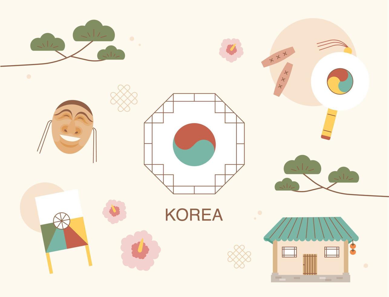 Traditional Korean cultural assets are composed around the Taegeuk pattern. vector