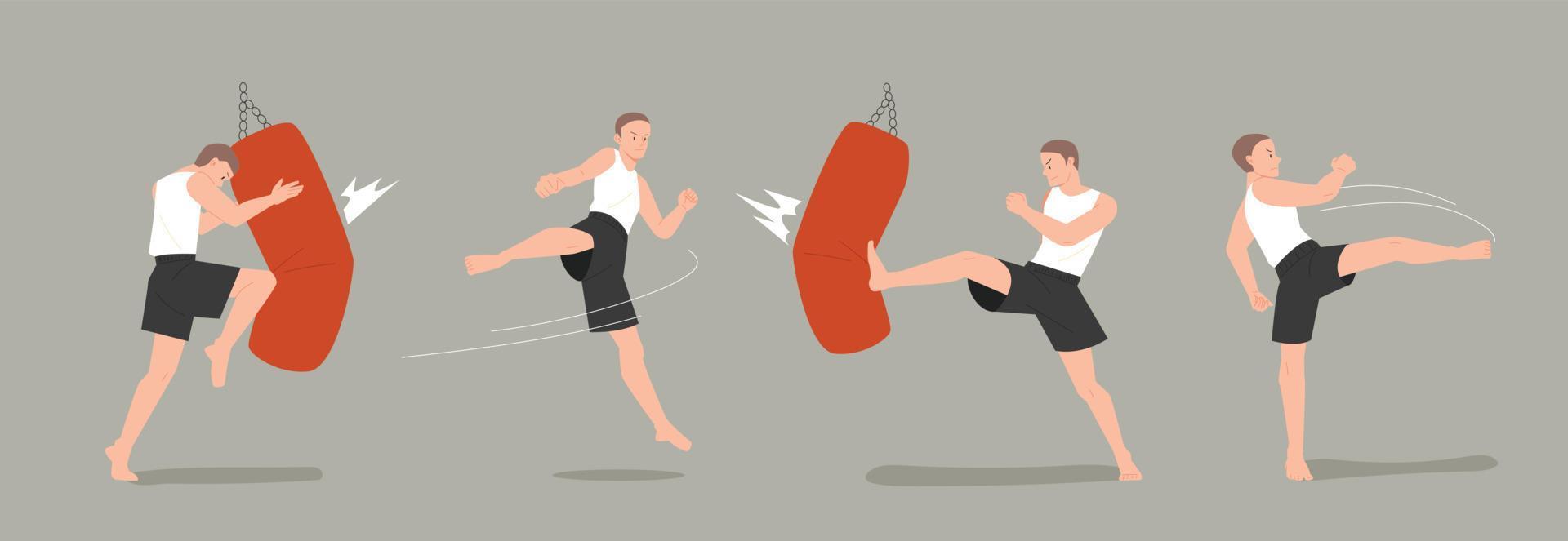 Various movements of kickboxers training in the gym. flat design style vector illustration.