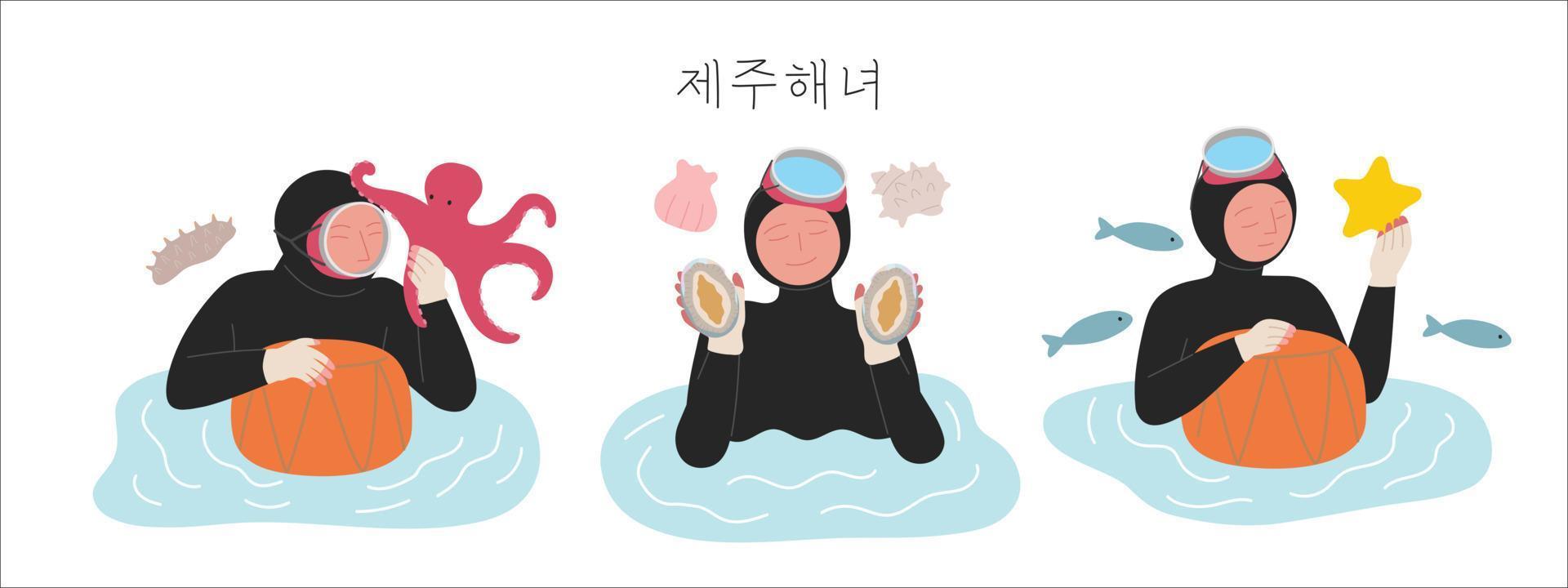Haenyeo in Jeju Island, Korea. Female divers hold in their hands the seafood they collect. vector