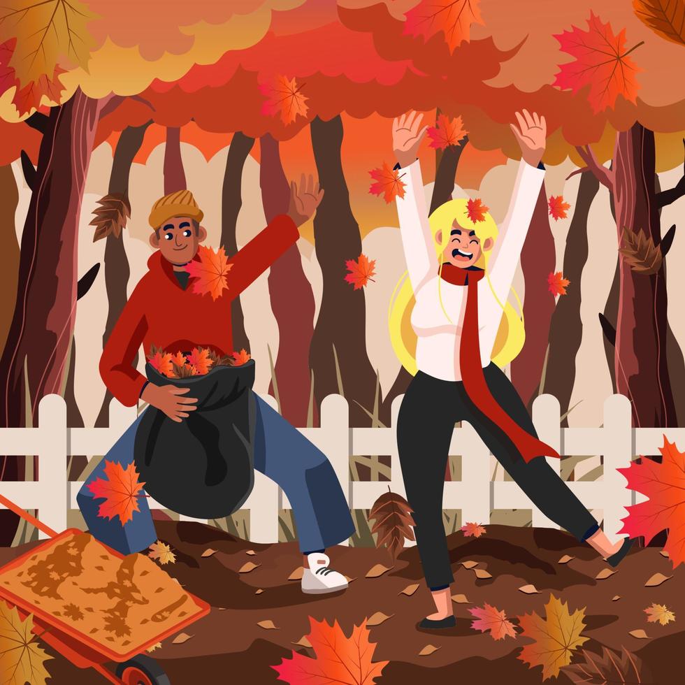 Fun Playing Fall Activity Fallen Leaves Concept vector