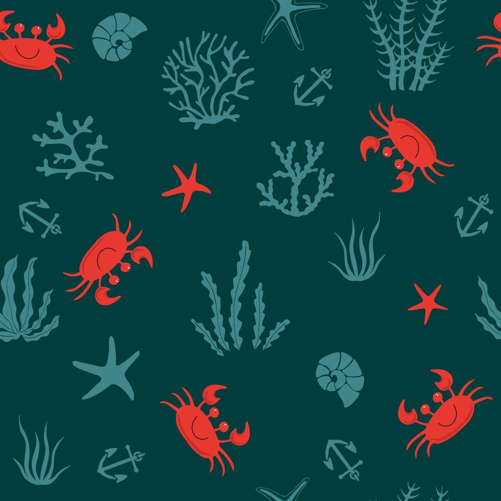 Hand drawn crab, sea shells, seaweed and stars seamless pattern. For fabric, wallpaper, wrapping paper, textile, bedding, t-shirt print. vector