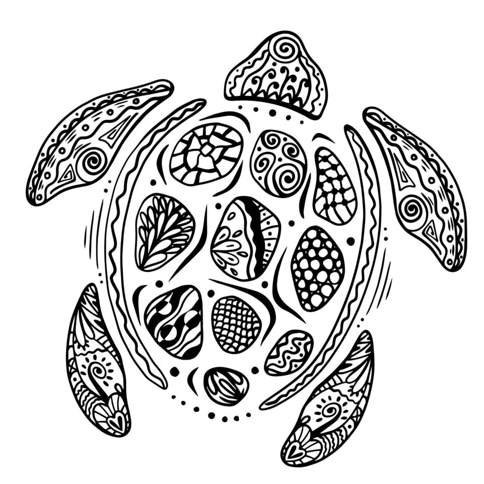 tortuga de dibujos animados estilizada zentangle. boceto dibujado a mano para la página de coloreo antiestrés para adultos, camiseta, logotipo o tatuaje con garabato, zentángulo. vector