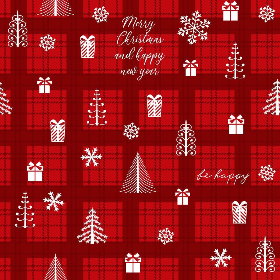 Hand drawn seamless pattern with cute hand drawn Christmas tree decorations, gift, snowflakes. Vector design in red and white.