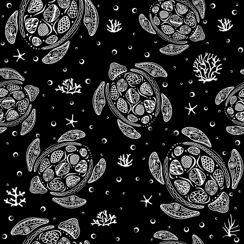 Zentangle stylized cartoon turtle seamless. Pattern with turtle and seaweed. vector