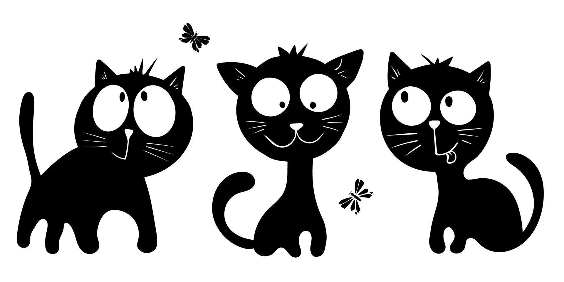 tres lindos gatos negros y mariposas de fondo blanco vector