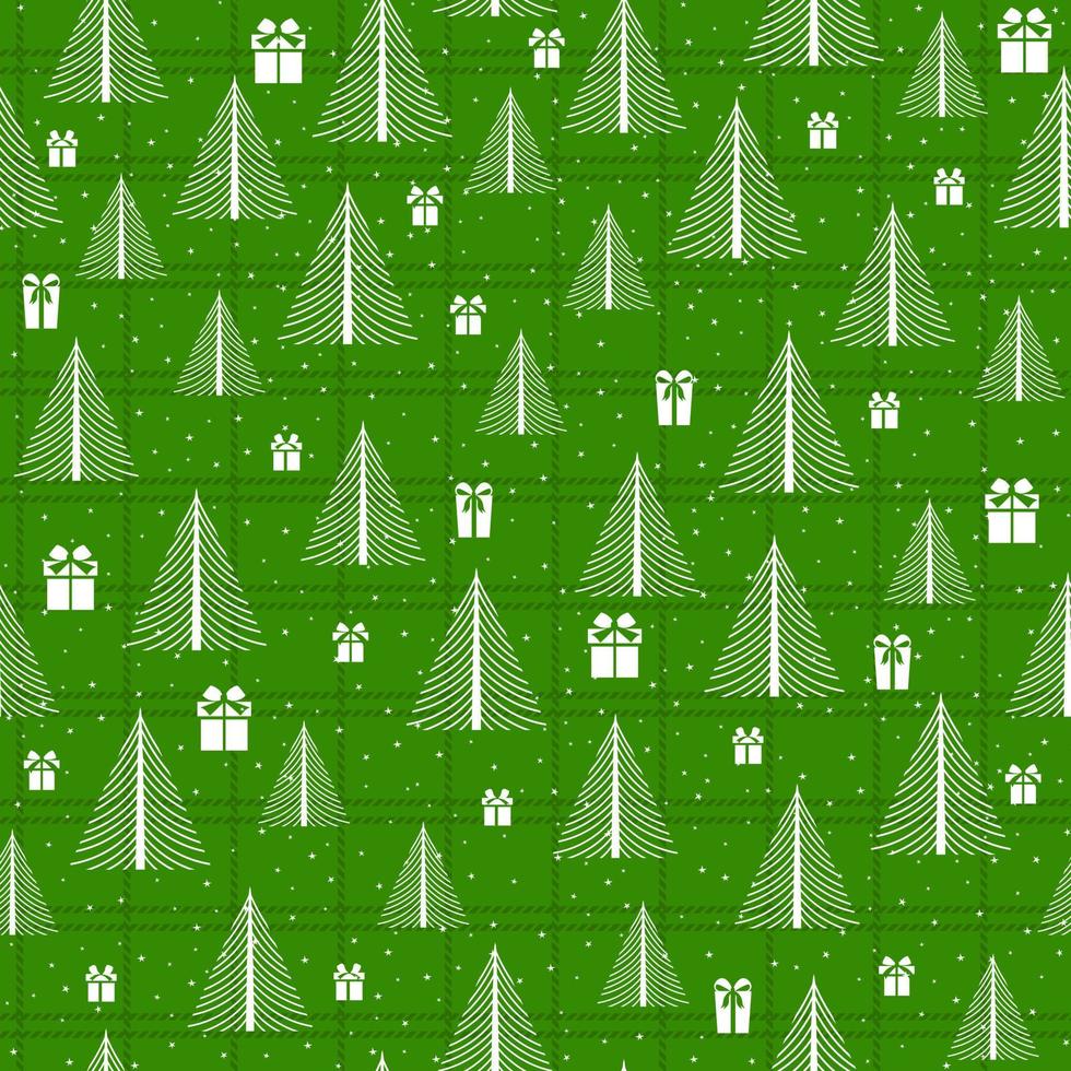 Seamless Christmas pattern wit trees, gift boxes and stars vector