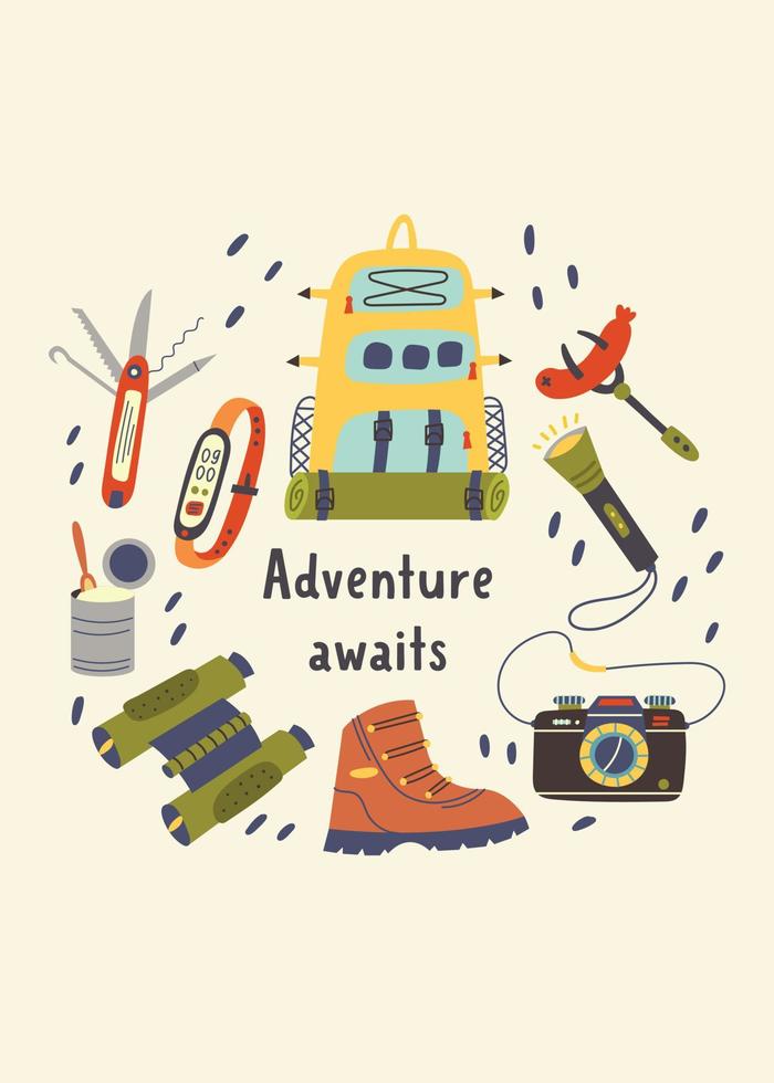 Print hiking hiking items vector