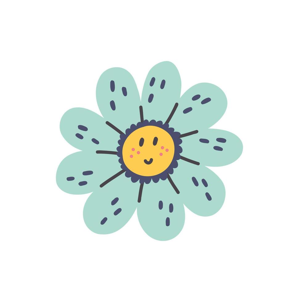 Retro smiling character face blue flower vector