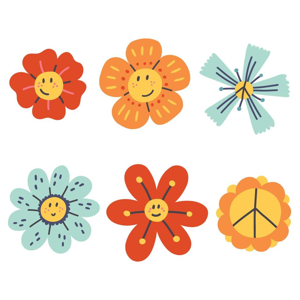 Set Retro smiling character face peace flower vector