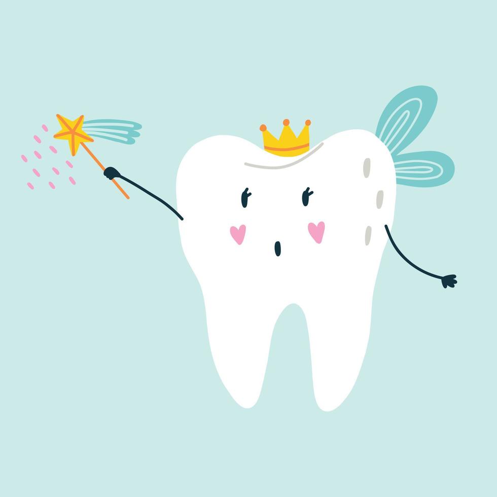 Cute funny character white tooth fairy with blue wings in a crown and a magic wand vector