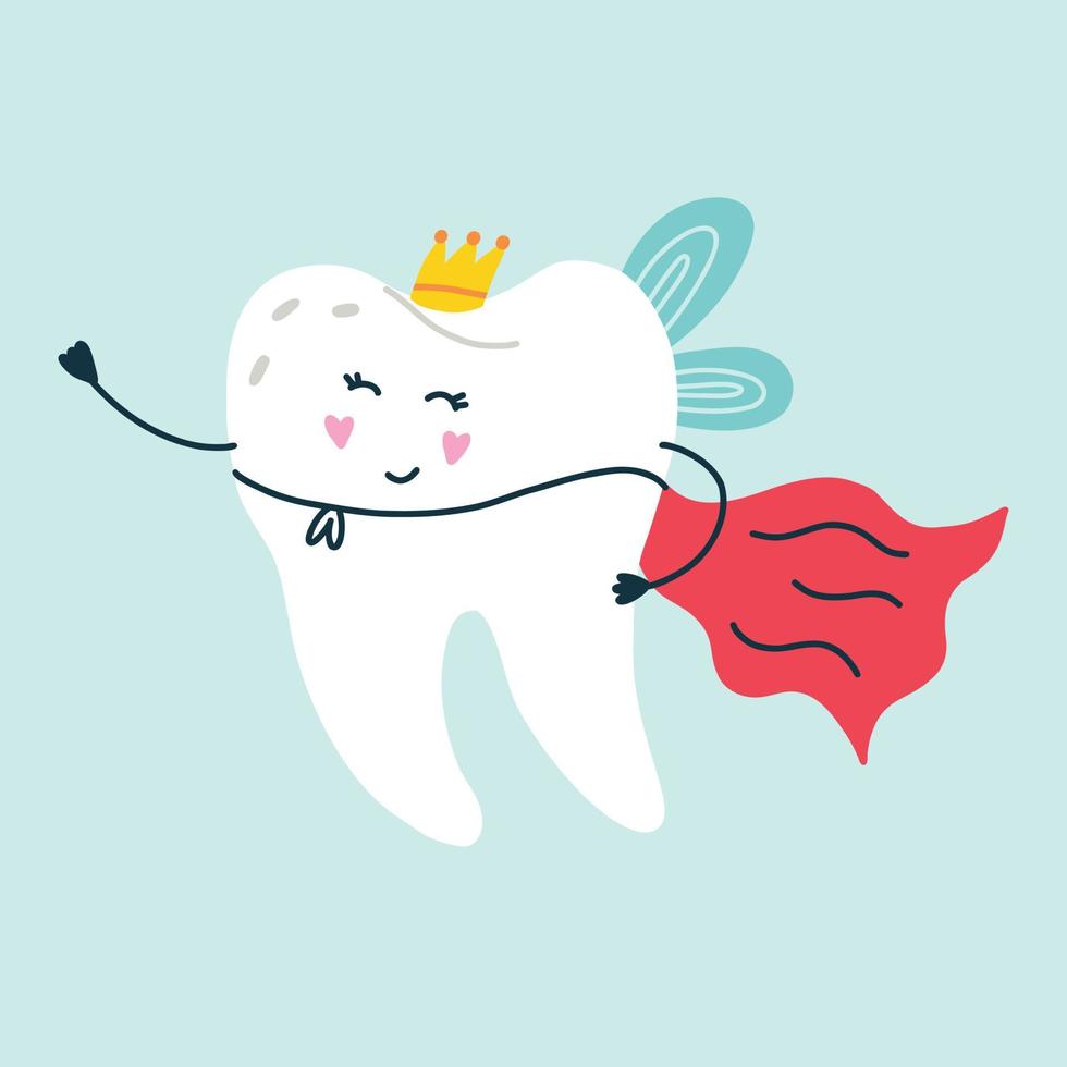 Cute smiling character white tooth super hero with a red cape wearing a gold crown vector