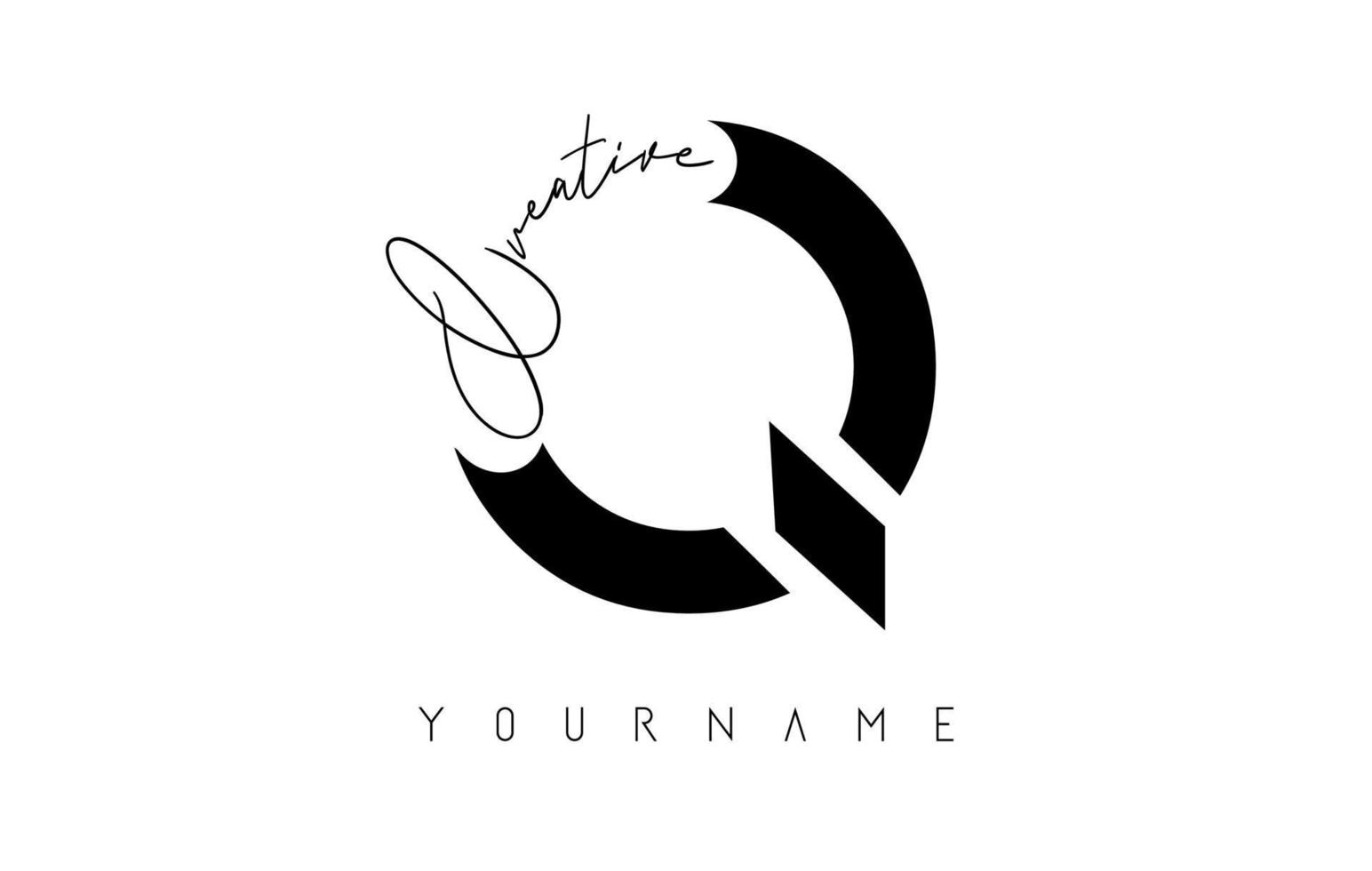 Creative Q logo with cuts and handwritten text concept design. Letter with geometric design. vector