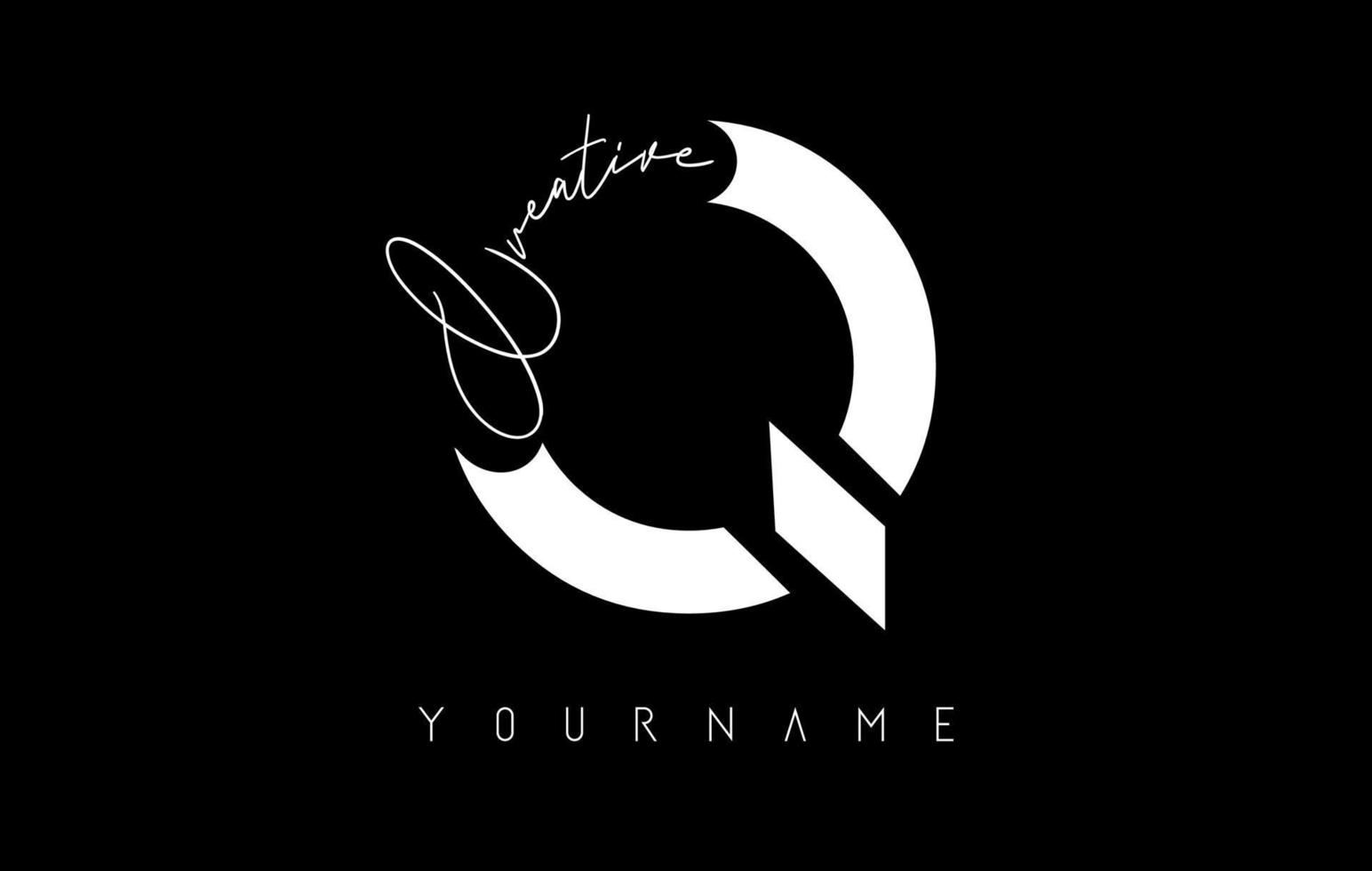 Creative Q logo with cuts and handwritten text concept design. Letter with geometric design. vector