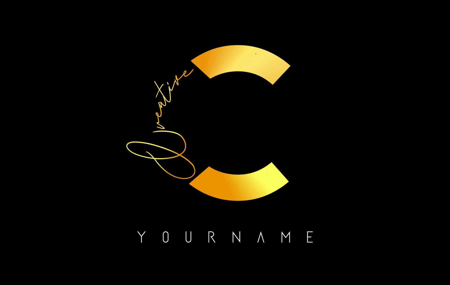 Creative golden C logo with cuts and handwritten text concept design. Letter with geometric design. vector