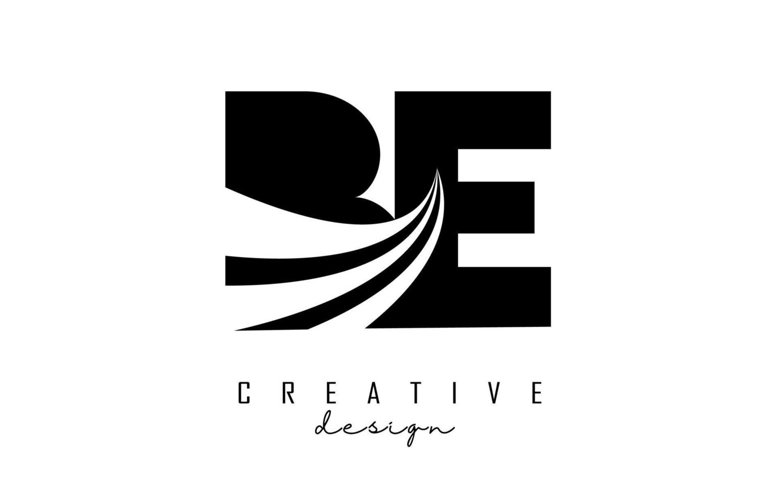 Creative black letters BE b e logo with leading lines and road concept design. Letters with geometric design. vector