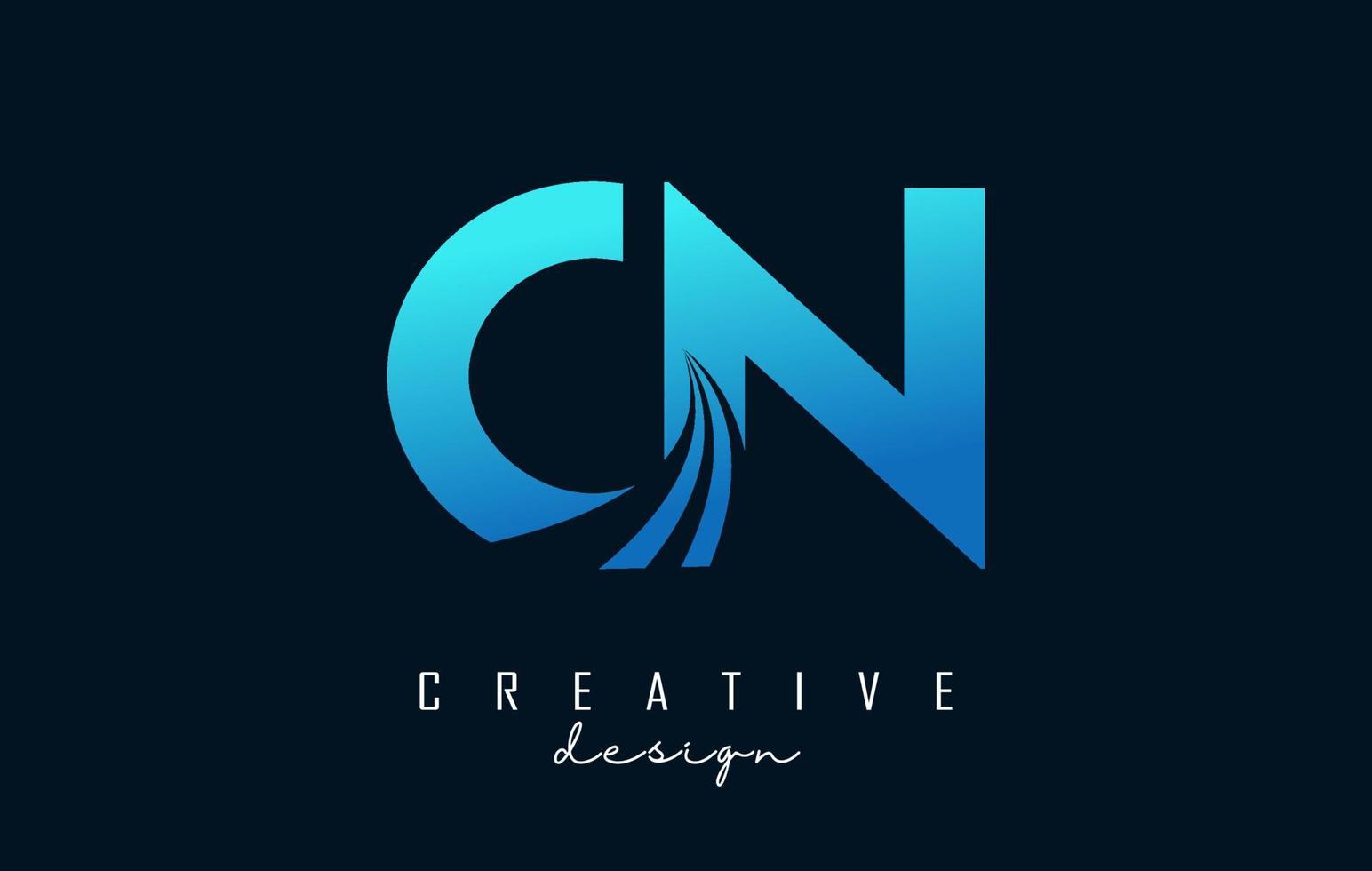 logotipo creativo de letras azules cn cn con líneas principales y diseño de concepto de carretera. letras con diseño geométrico. vector