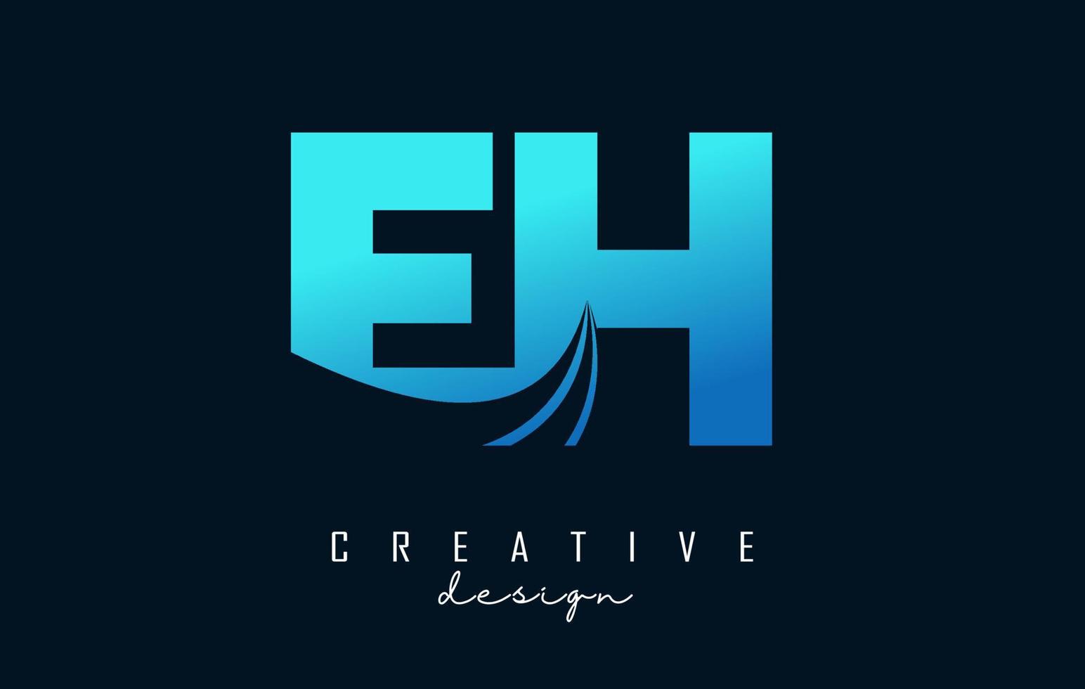 Creative blue letters EH e h logo with leading lines and road concept design. Letters with geometric design. vector