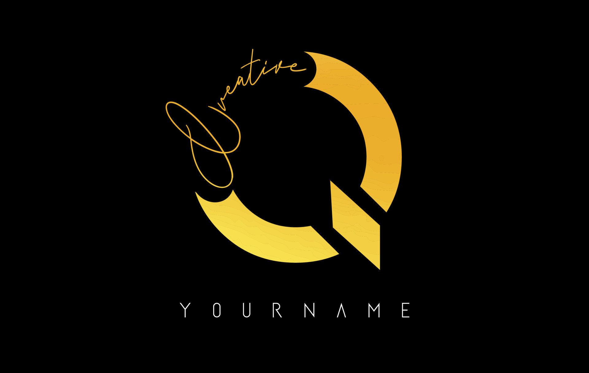 Creative golden Q logo with cuts and handwritten text concept design