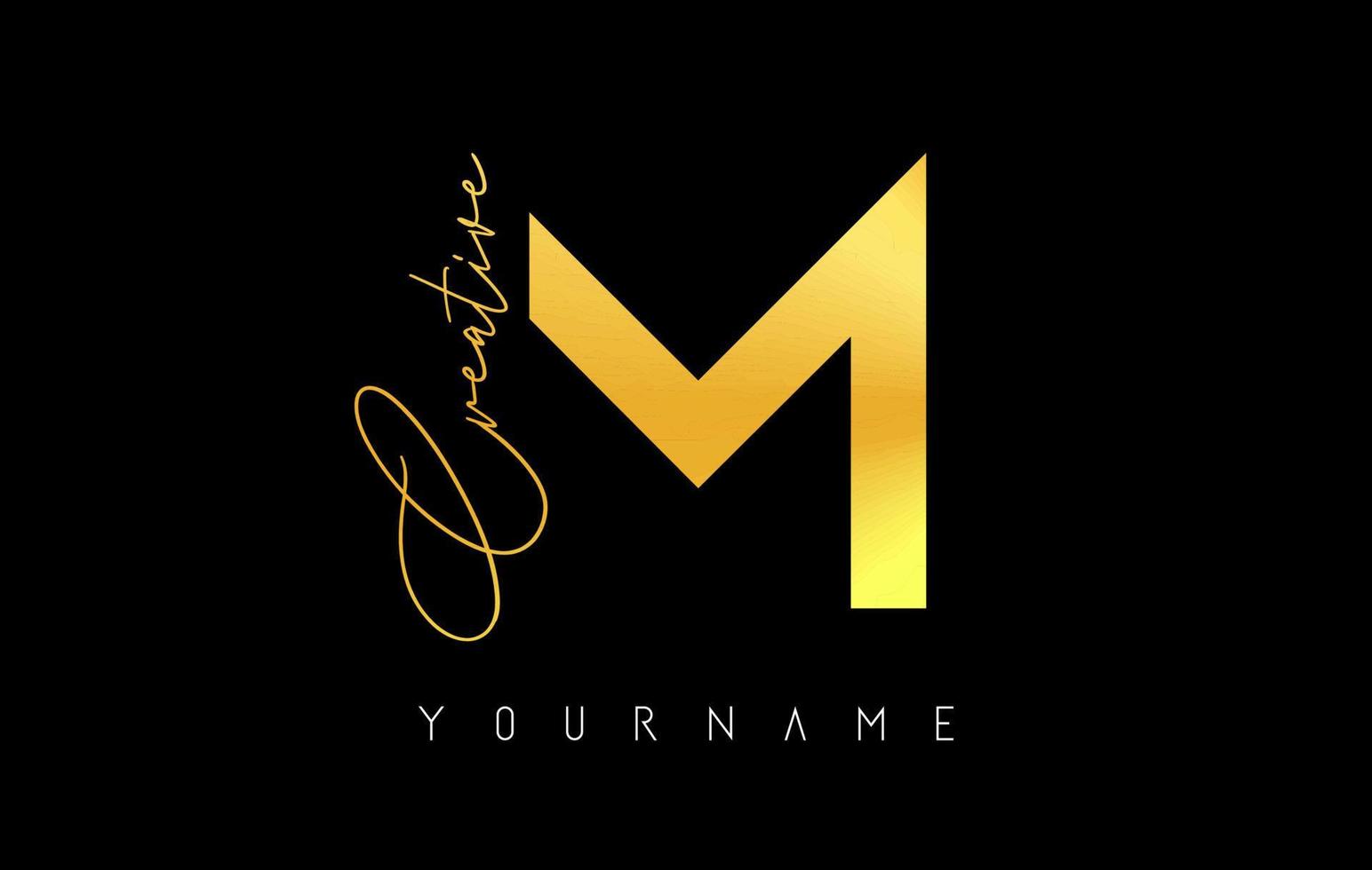 Creative golden M logo with cuts and handwritten text concept design. Letter with geometric design. vector