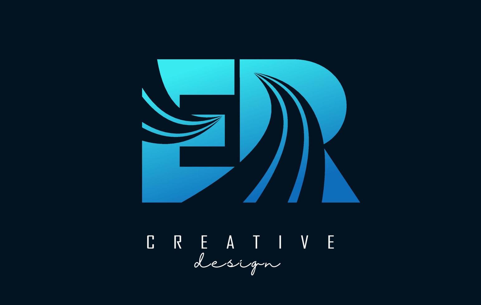 letras azules creativas er er logotipo con líneas principales y diseño de concepto de carretera. letras con diseño geométrico. vector