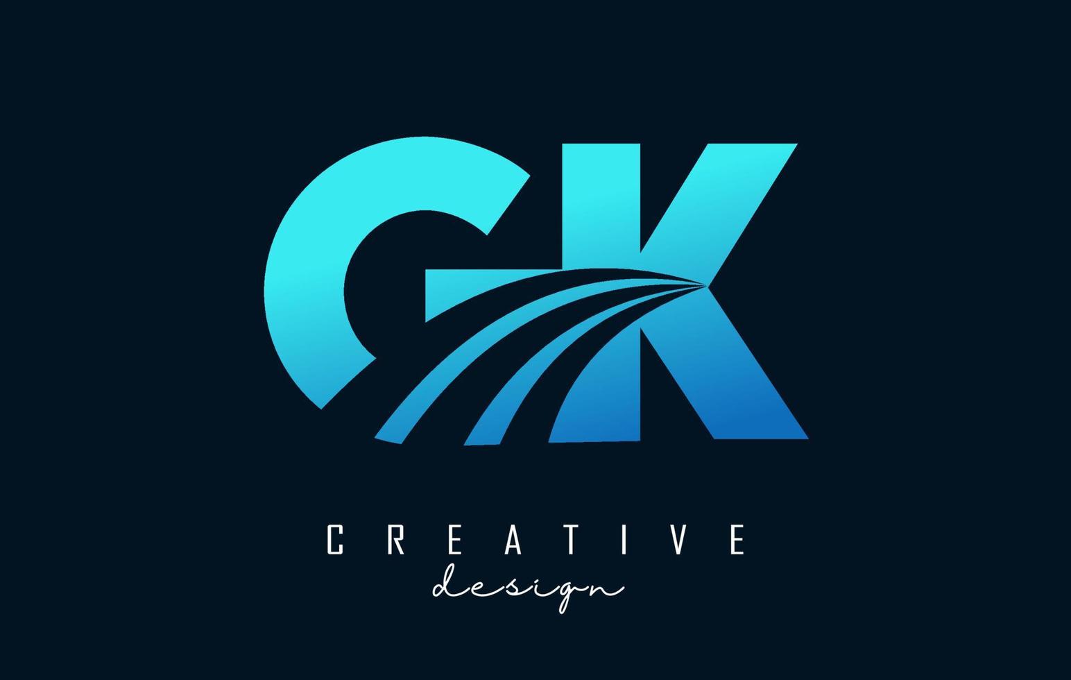 Creative blue letters GK g k logo with leading lines and road concept design. Letters with geometric design. vector