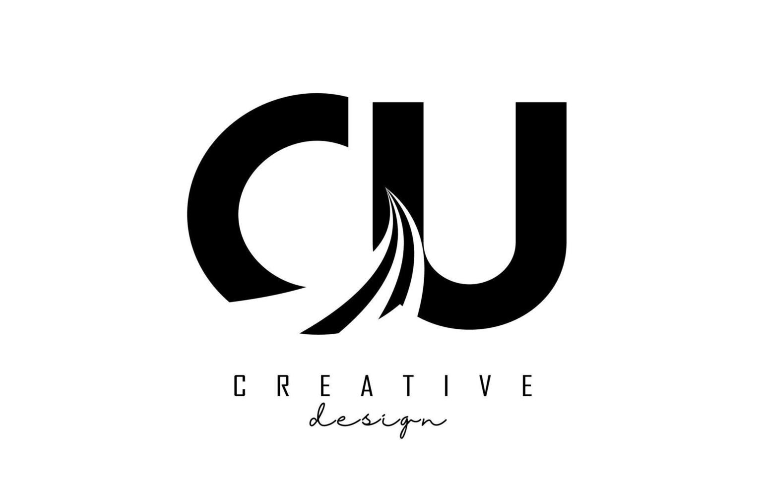 Creative black letters CU c u logo with leading lines and road concept design. Letters with geometric design. vector