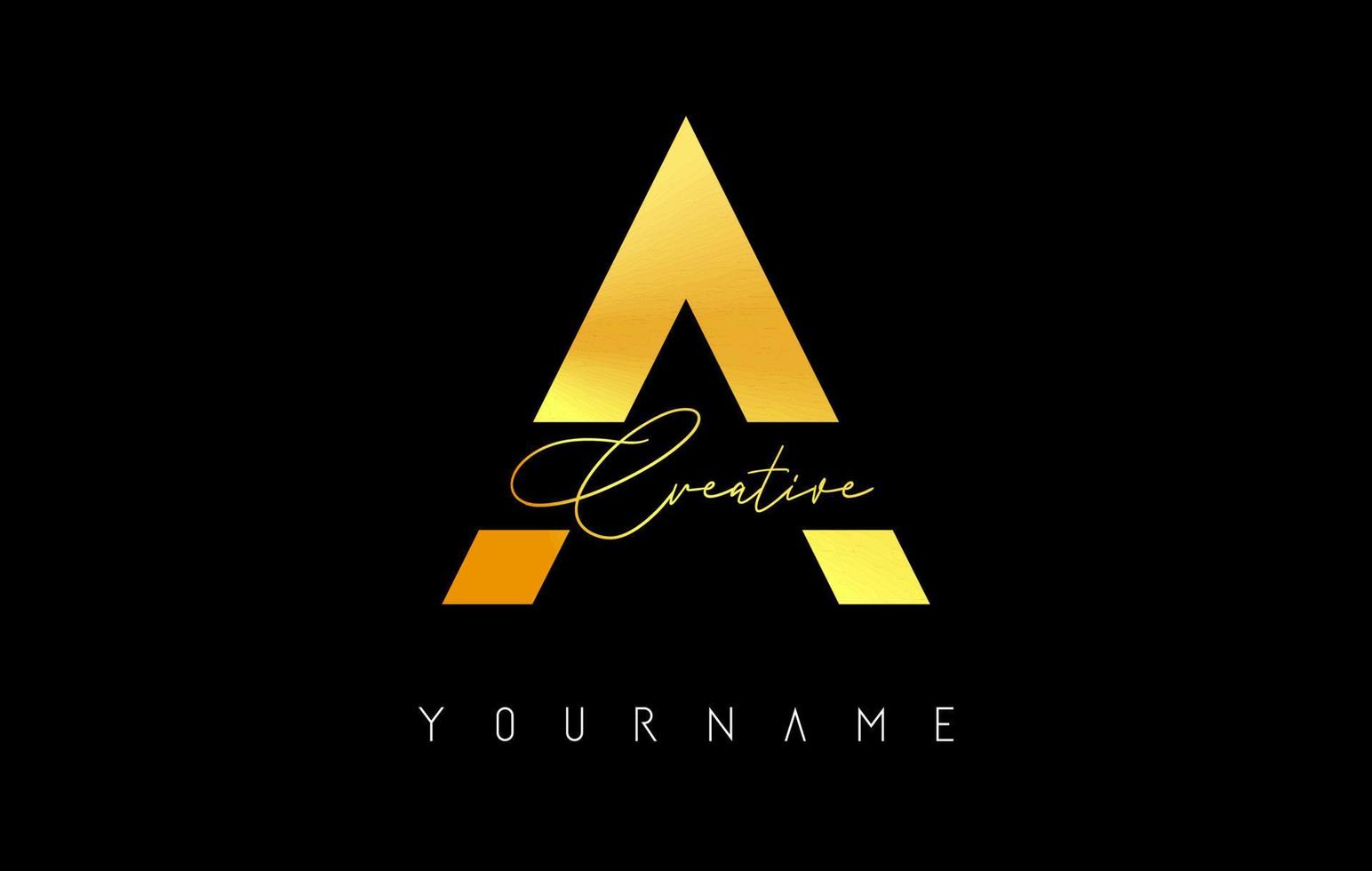 Creative golden A logo with cuts and handwritten text concept design. Letter with geometric design. vector