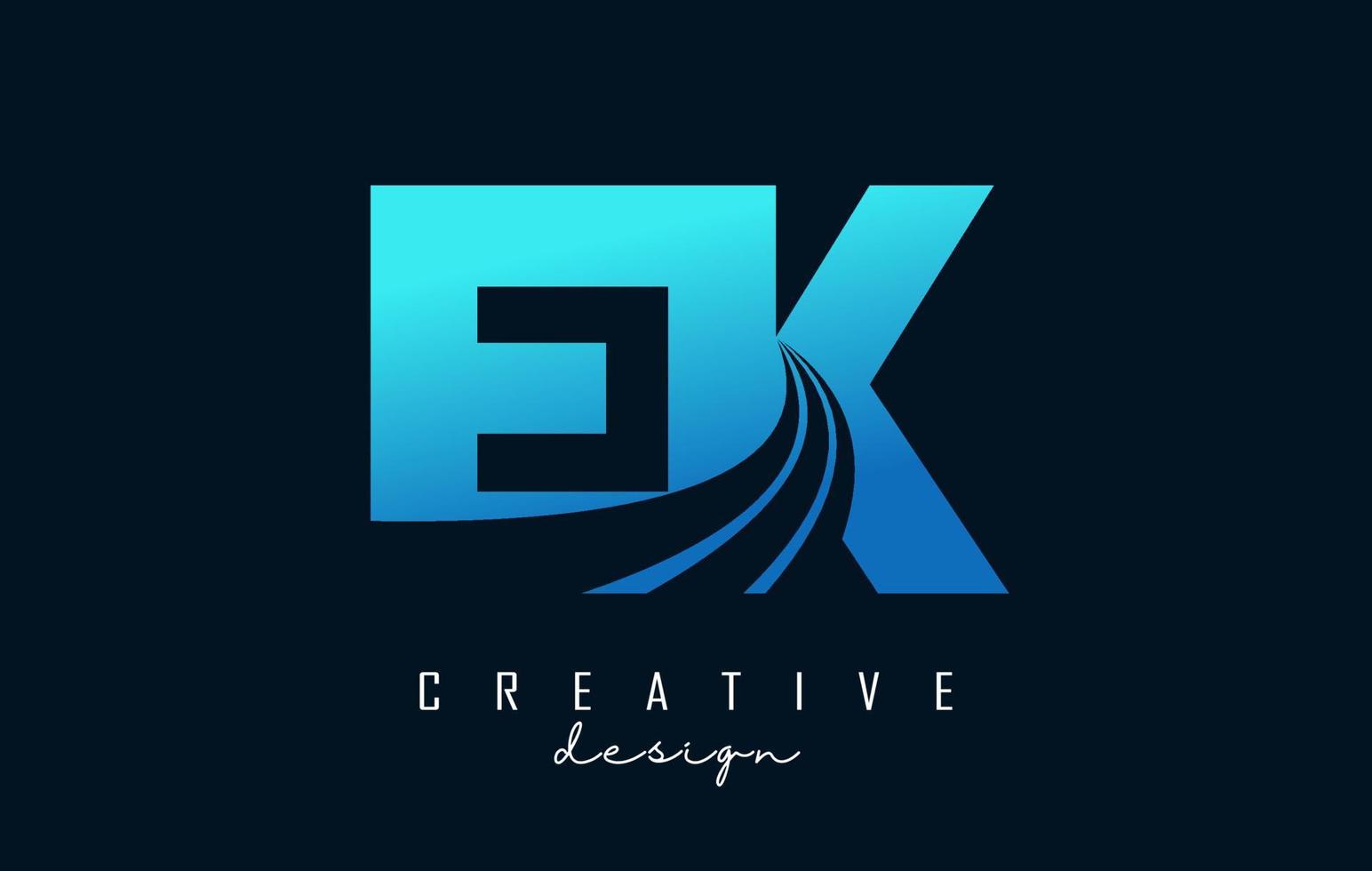 Creative blue letters Ek e k logo with leading lines and road concept design. Letters with geometric design. vector