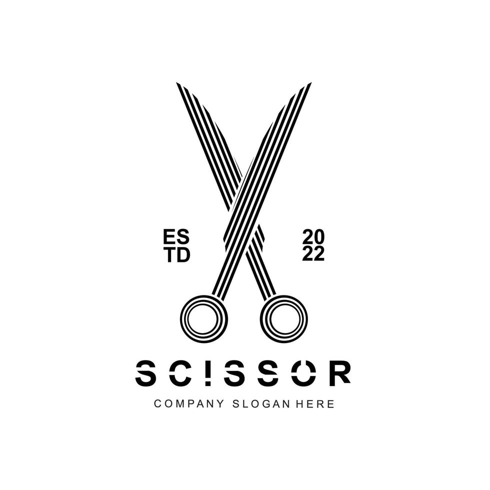 diseño de logotipo de tijeras, banner de etiqueta de icono de herramienta de corte de ilustración vectorial y marca de empresa de peluquero vector