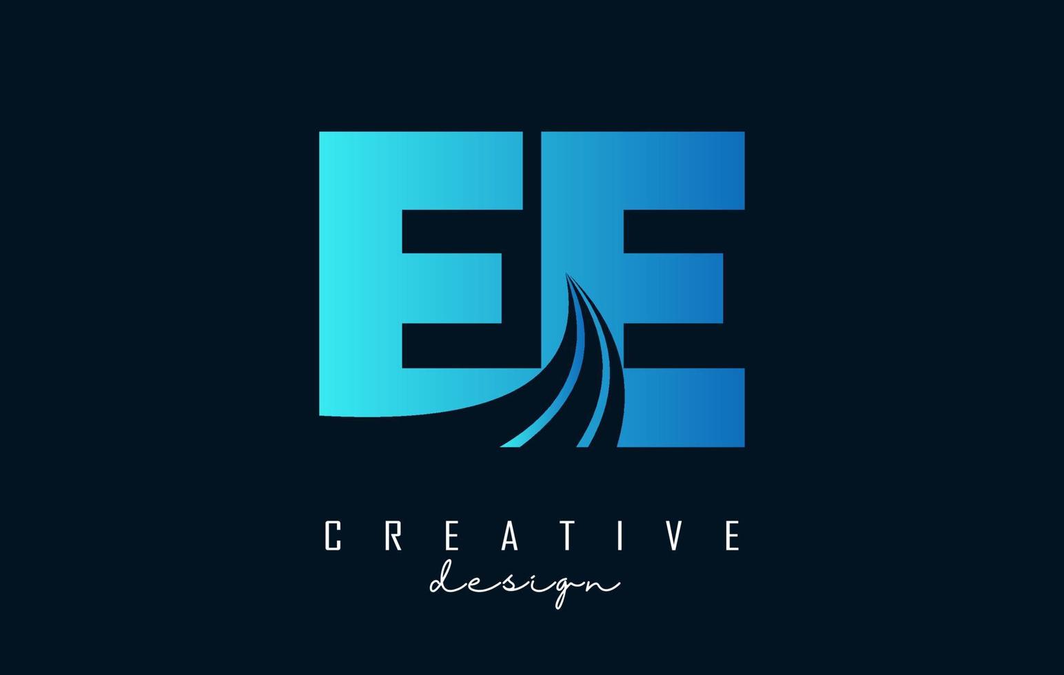Creative blue letters EE e logo with leading lines and road concept design. Letters with geometric design. vector