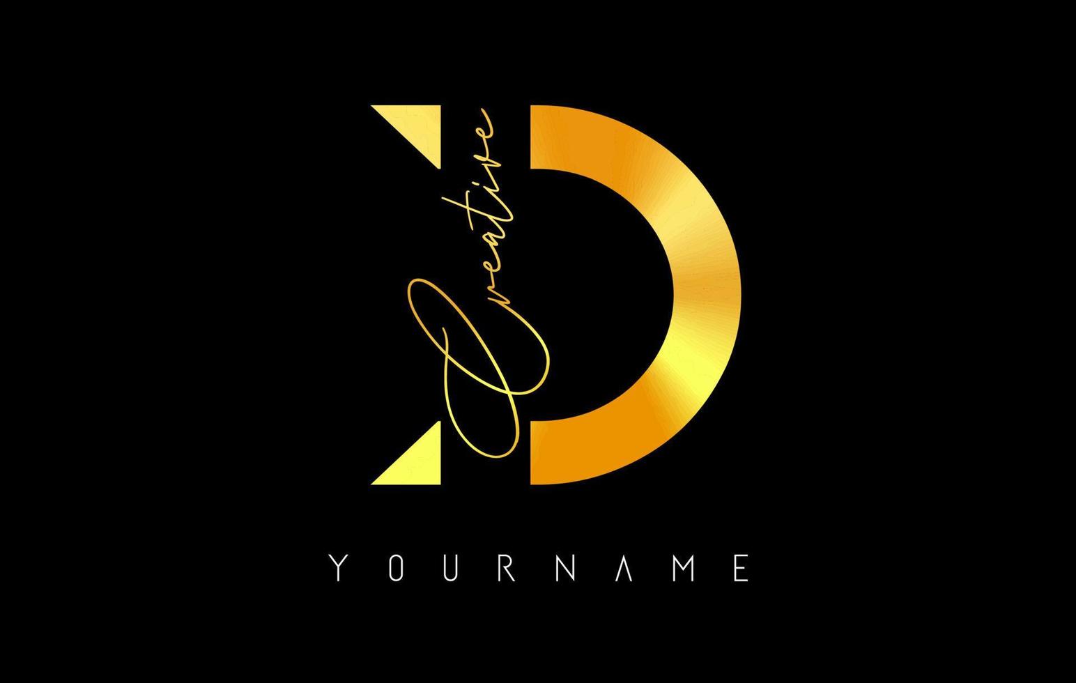 Creative golden D logo with cuts and handwritten text concept design. Letter with geometric design. vector