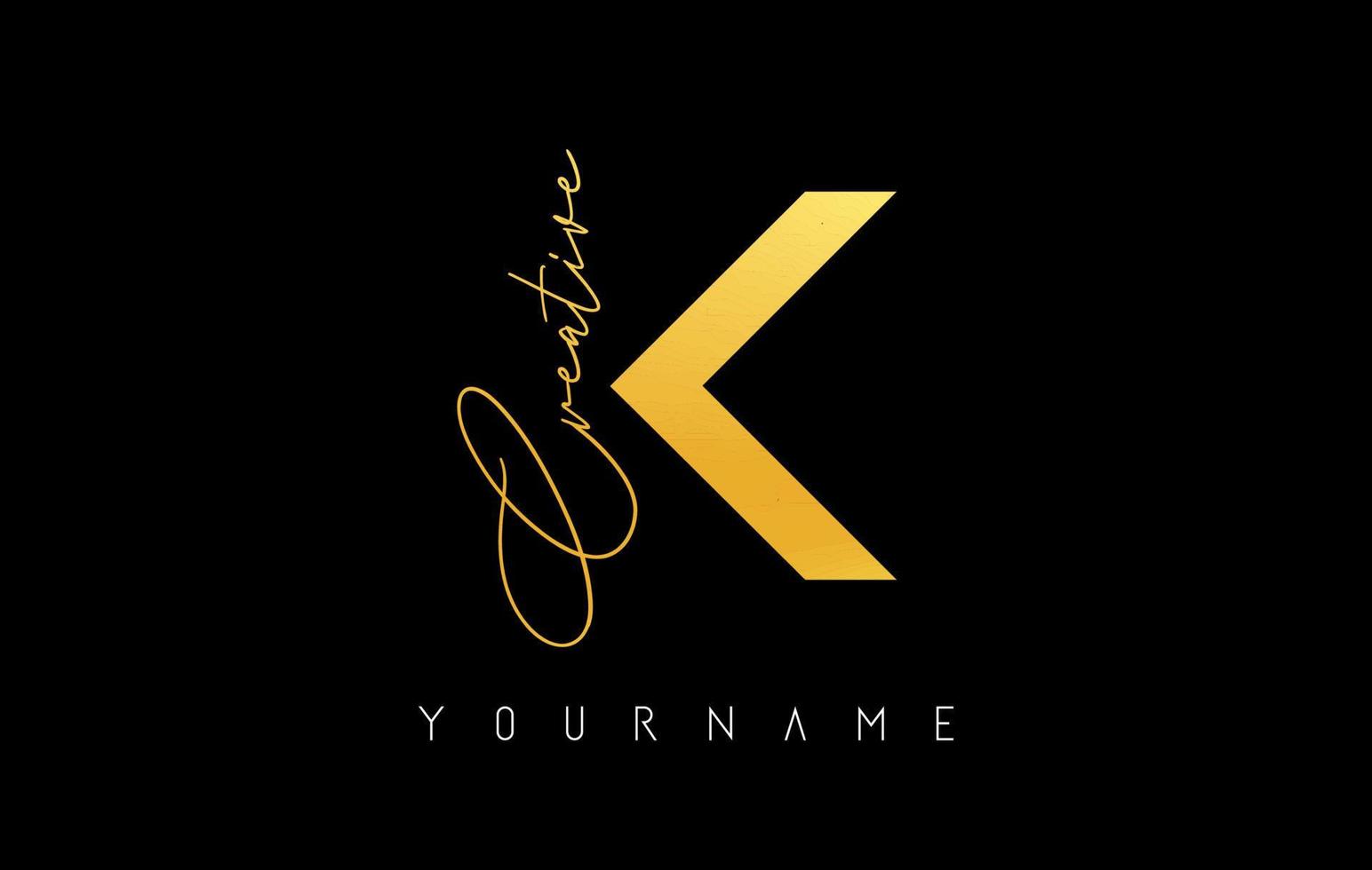 Creative golden K logo with cuts and handwritten text concept design. Letter with geometric design. vector