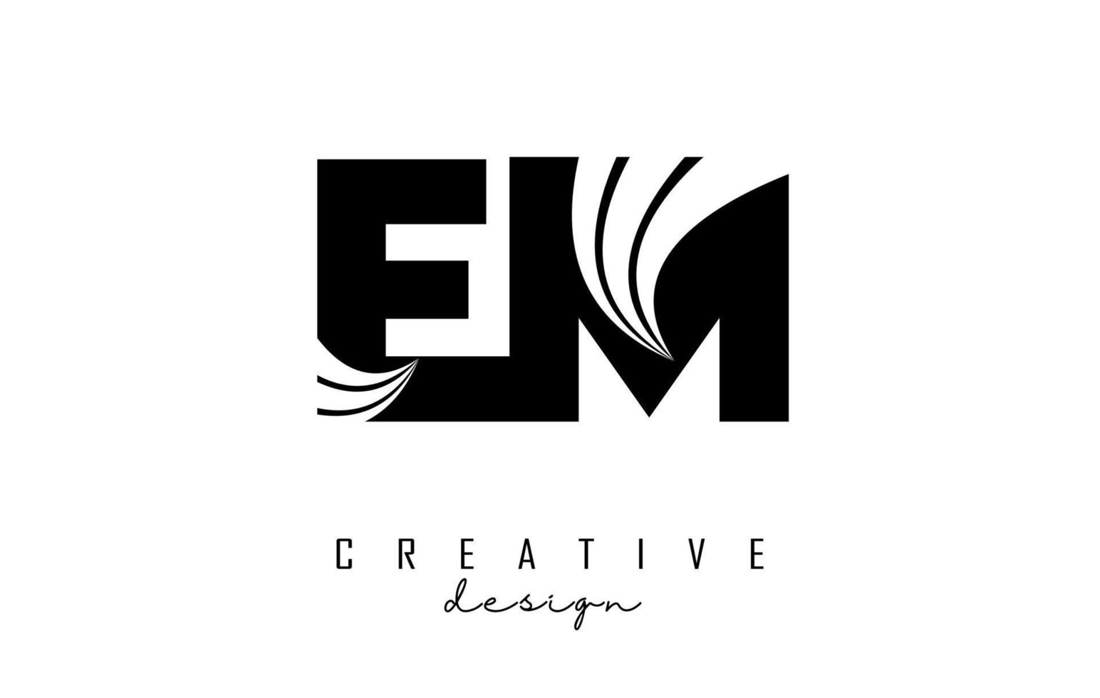 Creative black letters EM e m logo with leading lines and road concept design. Letters with geometric design. vector