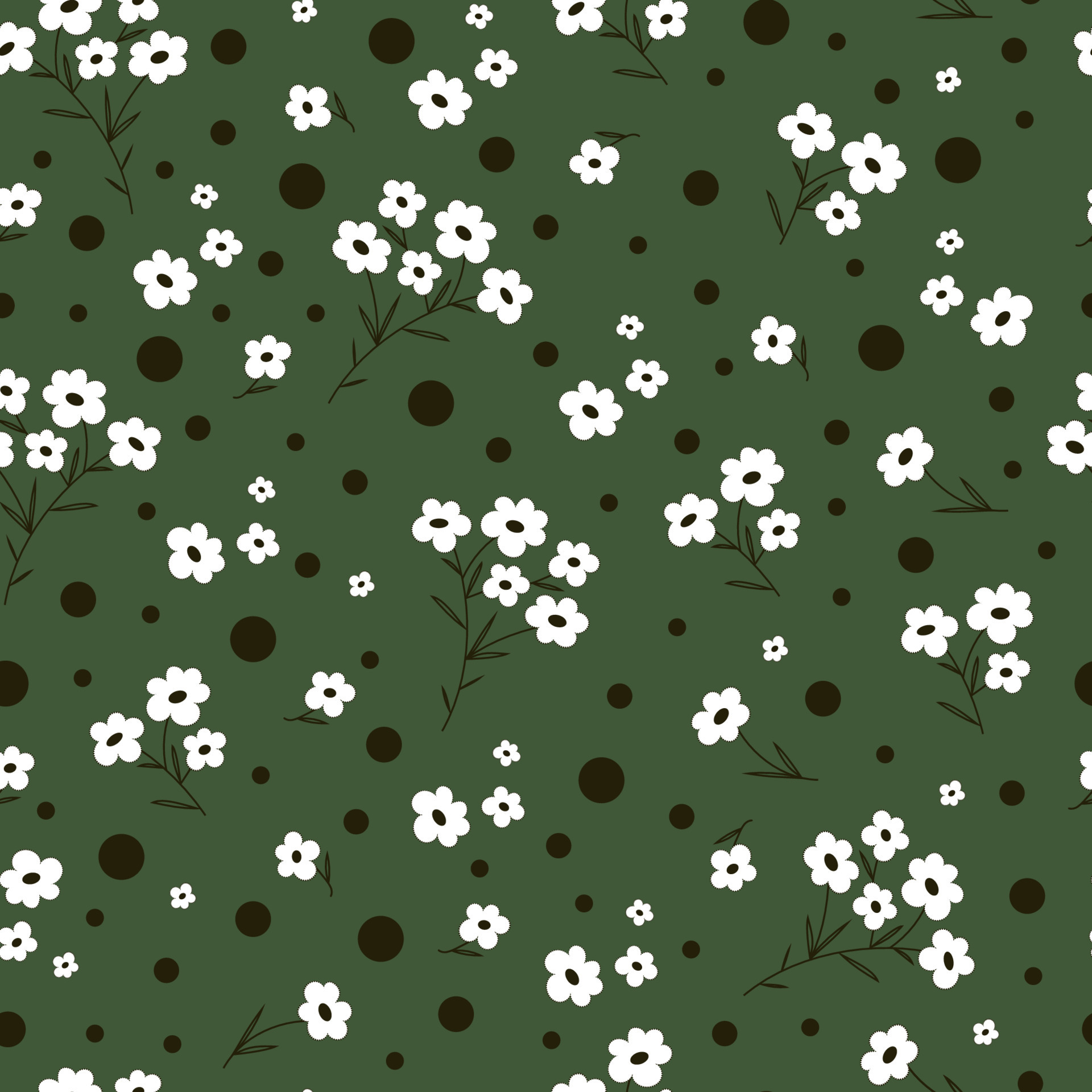 A simple cute pattern of small white flowers on a dark green ...