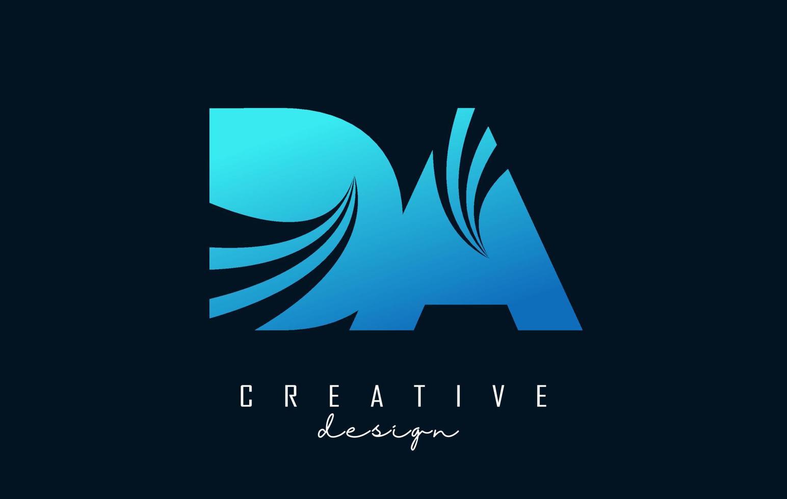 Creative blue letters DA d a logo with leading lines and road concept design. Letters with geometric design. vector