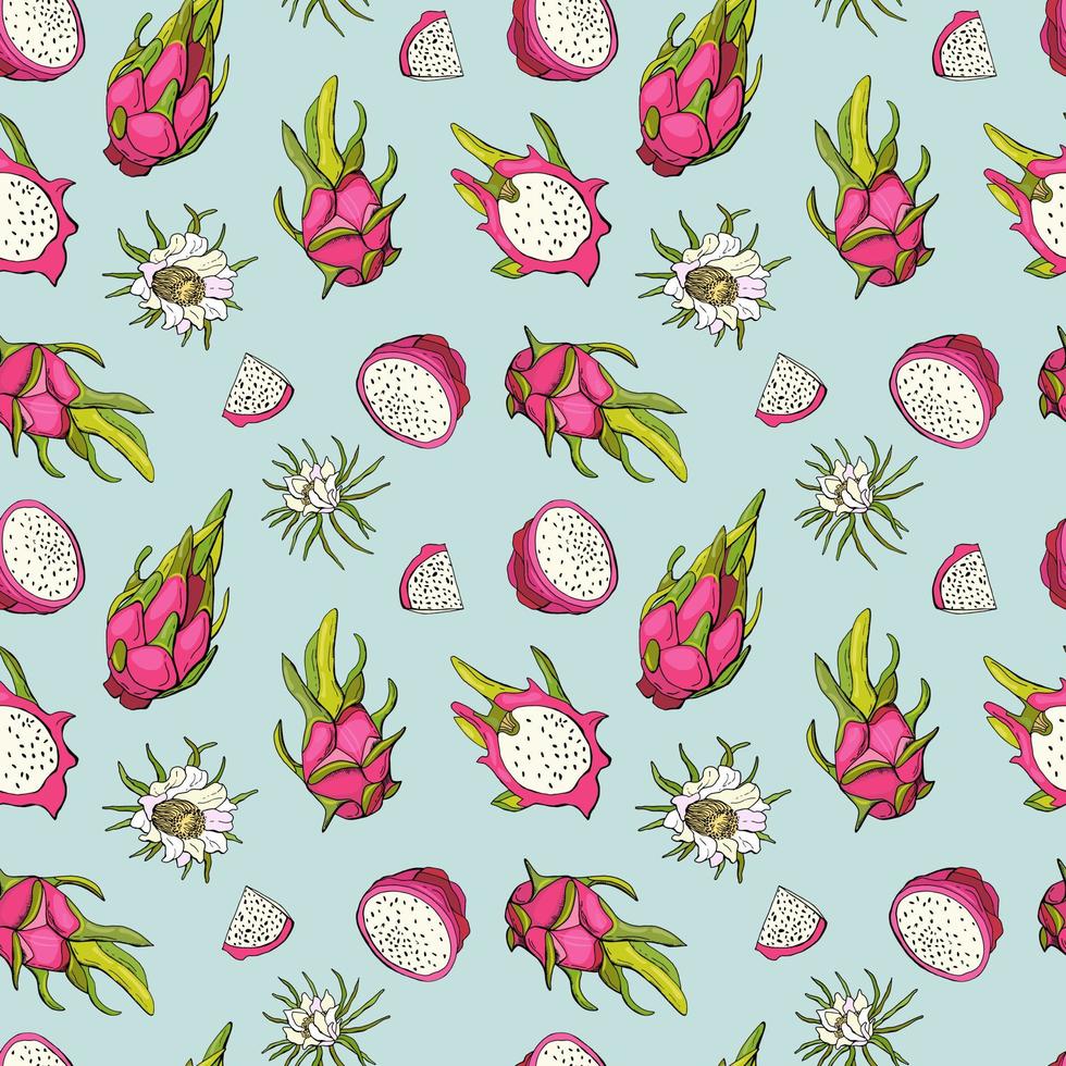 fruta roja del dragón. fruta de patrones sin fisuras con pitahaya. diseño para tela, textil, papel pintado, embalaje. vector