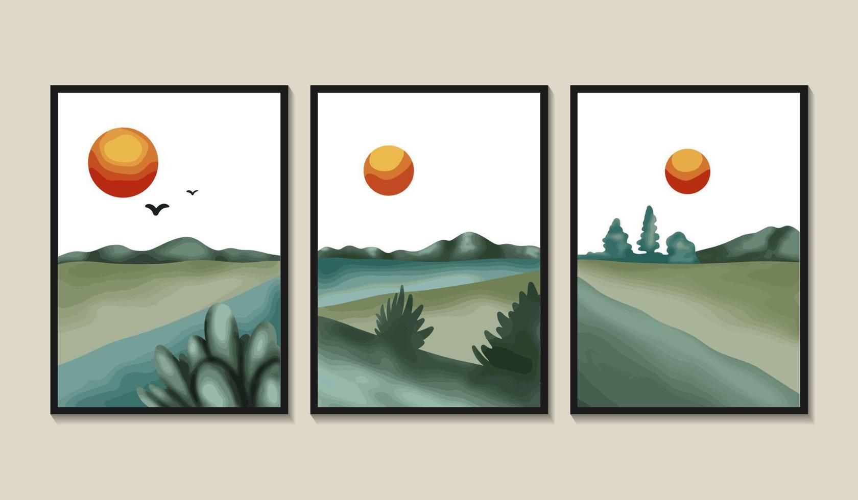 conjunto de tres hermosos paisajes minimalistas estéticos contemporáneos vector