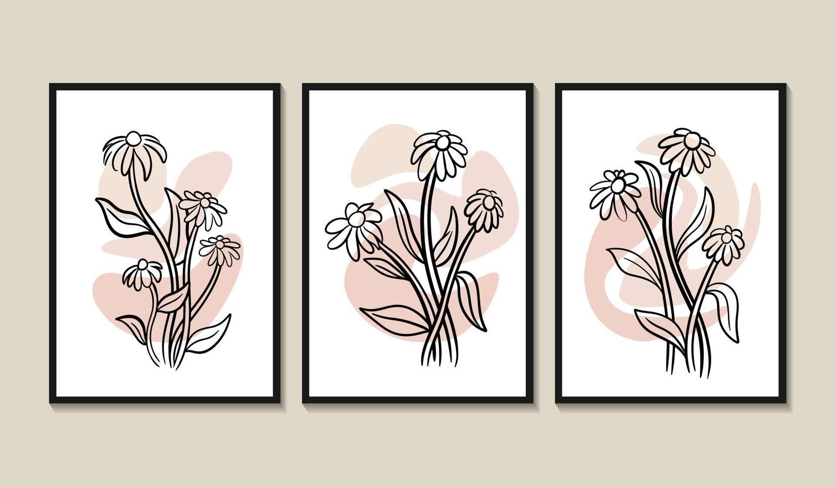 Minimal line art flowers and leaves poster design vector