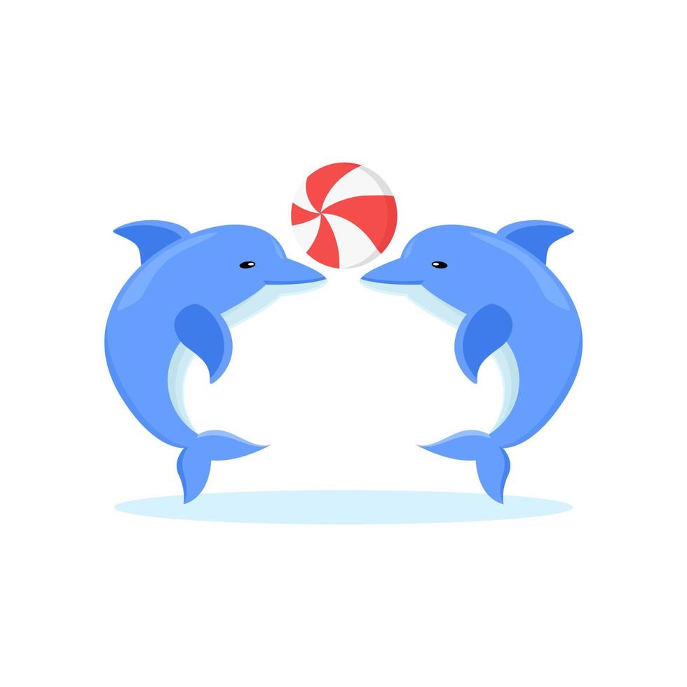 Two dolphins playing ball. Vector illustration in very cute childish style. Illustrations that are very suitable for children