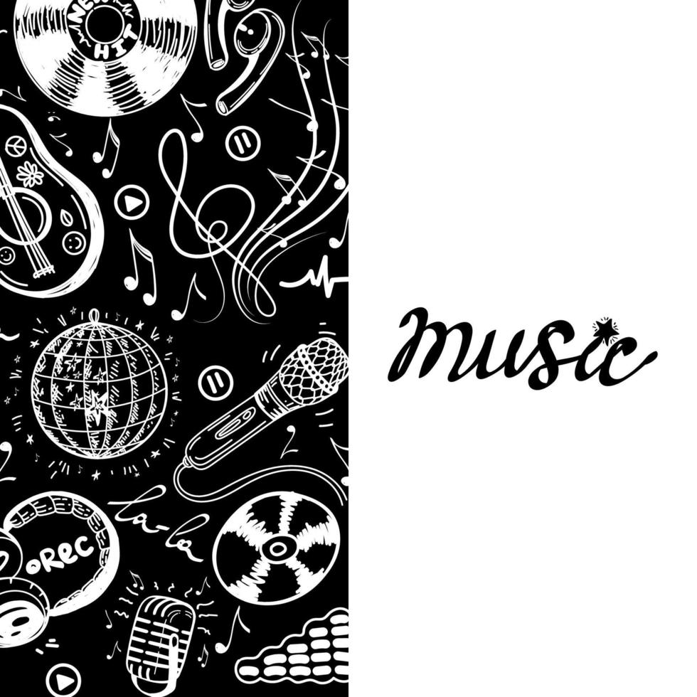 Banner template with elements of music, hand-drawn doodles in sketch style. Guitar or ukulele. Headphones, microphones, violin key with sheet music and recording icons. Music lettering, hand-drawn vector