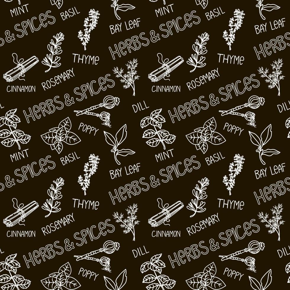 Seamless herbal pattern, drawn element in doodle style. Silhouettes of herbs, spices and names on a white background - cumin, rosemary, basil, bay leaf, etc. Pattern in a fashionable linear style vector