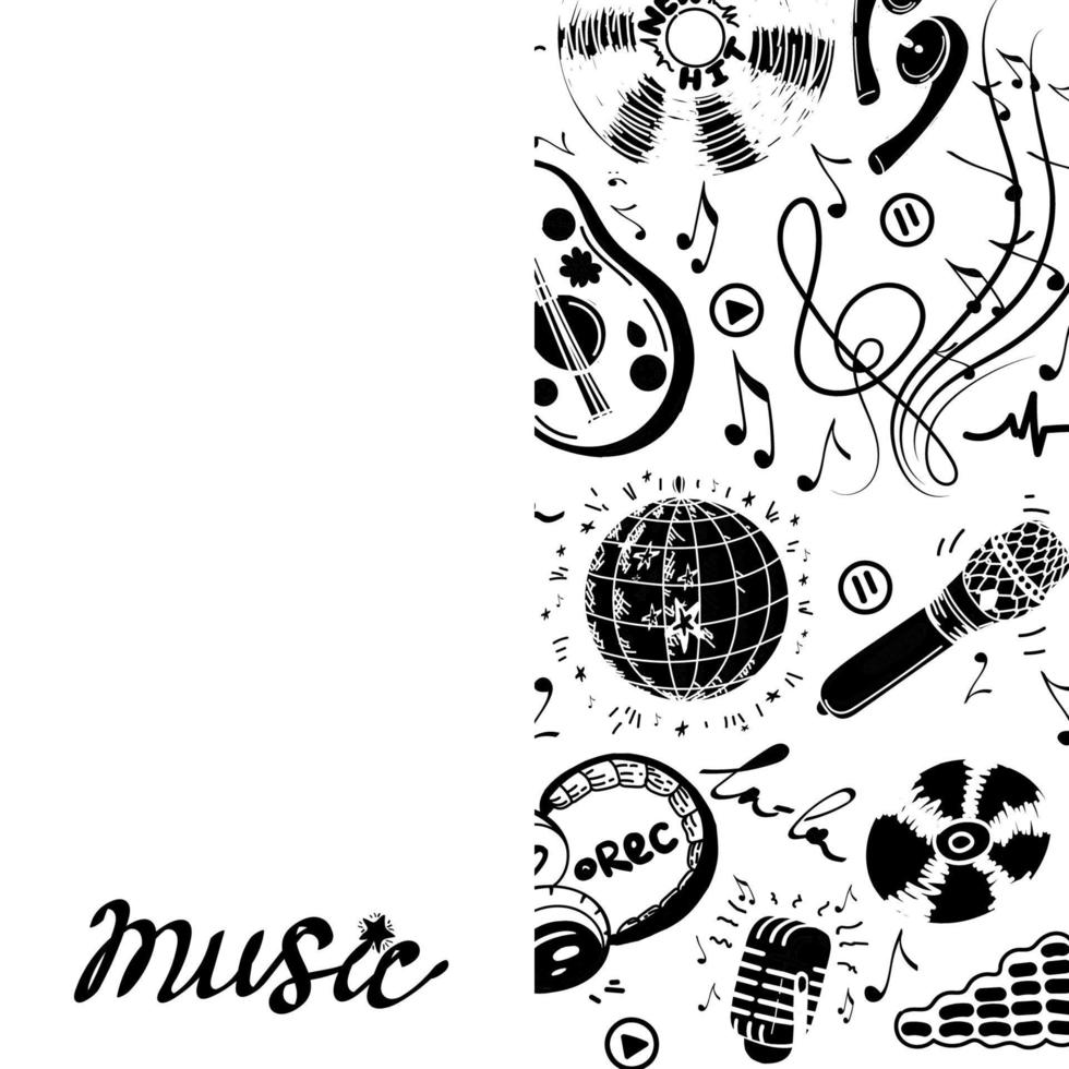 Template with elements of music, hand-drawn doodles in sketch style. Handwritten inscription. Guitar or ukulele. Headphones, microphones, treble clef with sheet music and recording icons vector