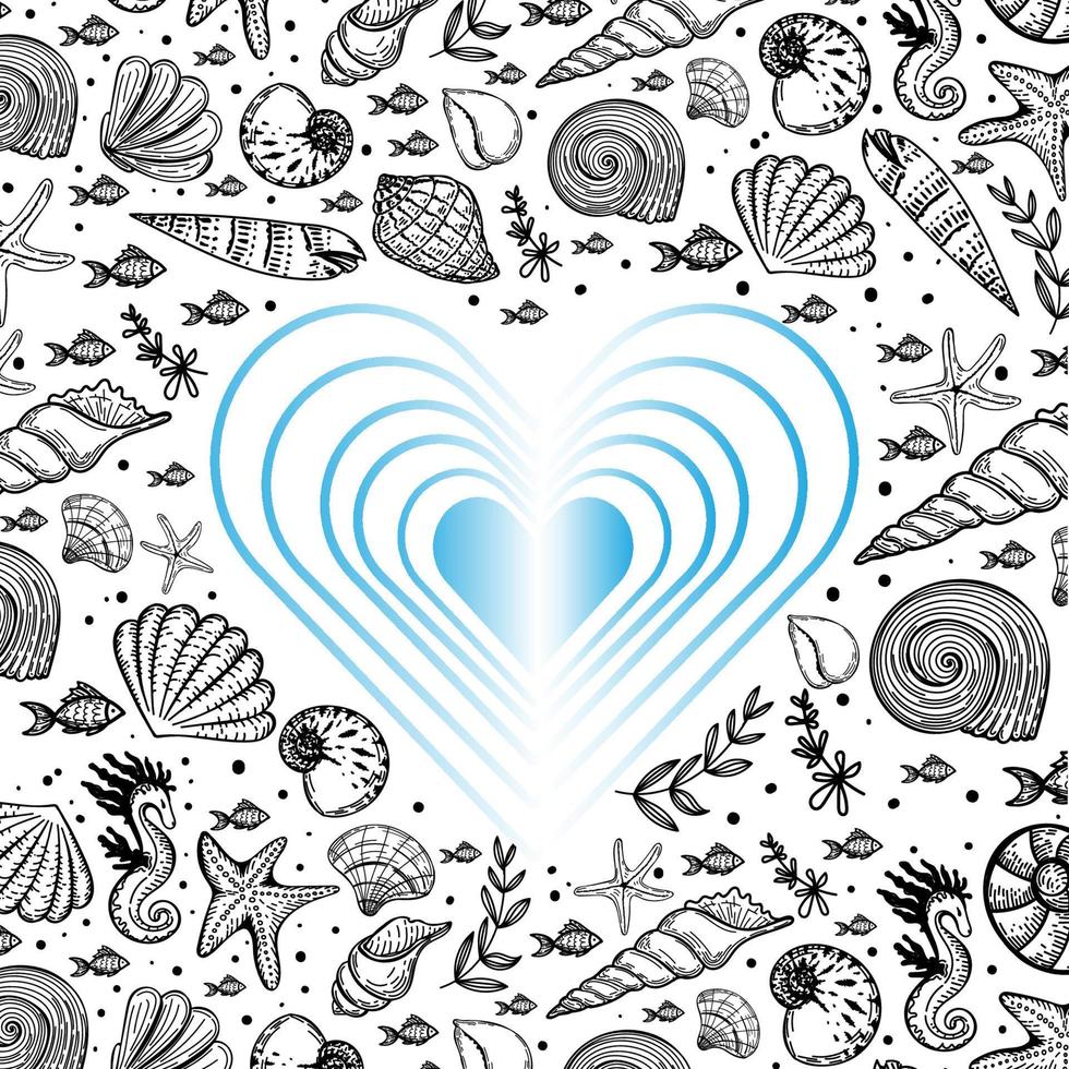 Vector banner template in nautical style. Heart shape in the center. Hand drawn seashells and starfish in sketch style. Greeting card. Rope borders