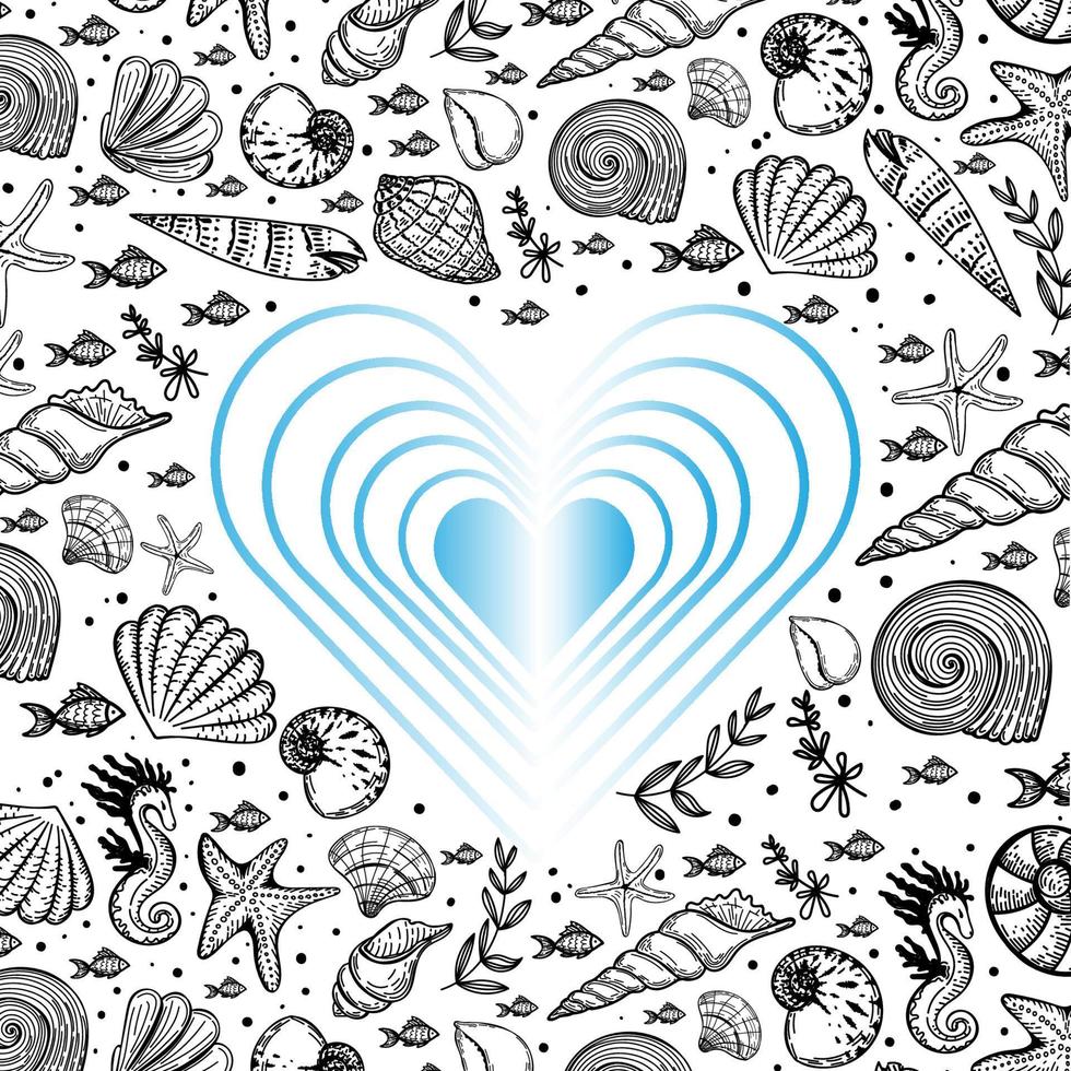 Vector banner template in nautical style. Heart shape in the center. Hand drawn seashells and starfish in sketch style. Greeting card. Rope borders